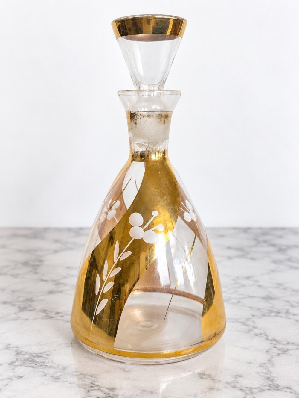 Vintage Italian Glass Liqueur Decanter Gold White Enamel Stopper Italy MCM